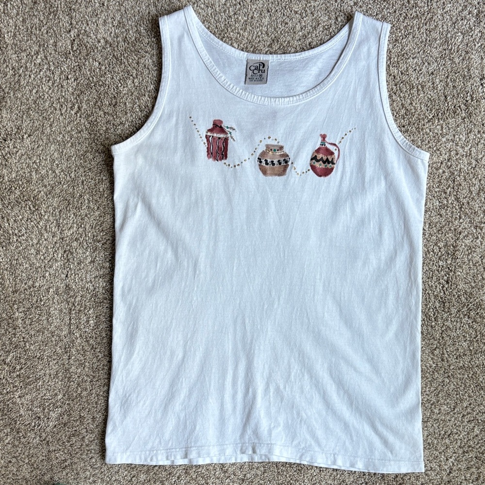 White Tank Top with Pottery Design Size Medium
